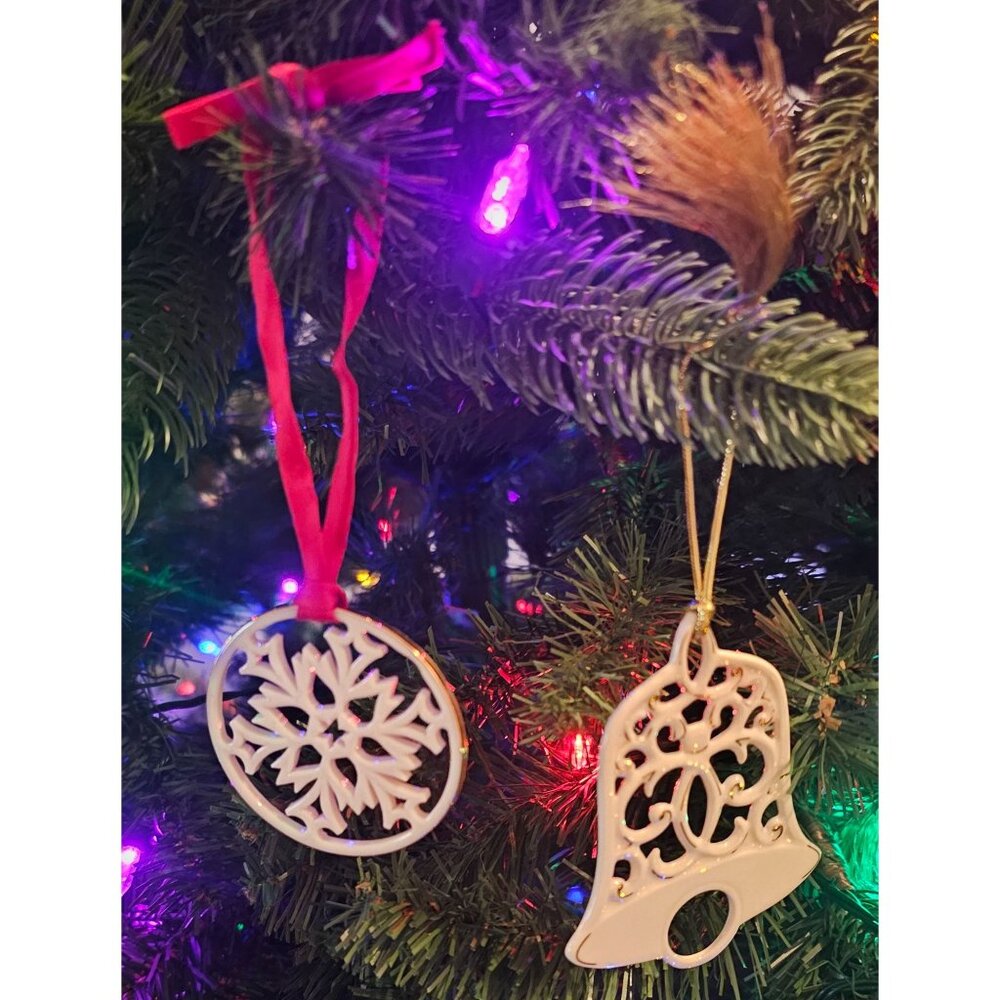 Lenox Holiday Ornament Set: Snowflake & Bell Porcelain Christmas Decorations